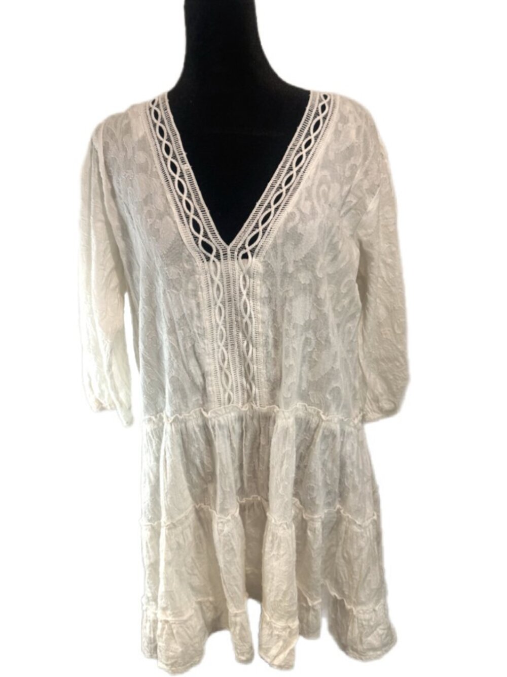 Z&L White Embroidered Boho Babydoll Peasant Dress Tunic Tiered Cottagecore XL
